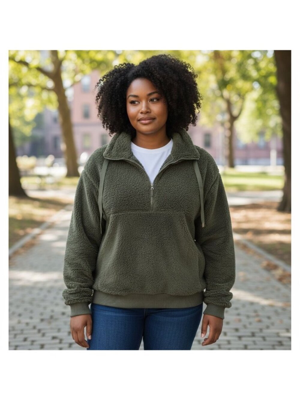 Vtg Members Mark Womens XL Cozy Faux Sherpa Pullover Olive Green Pockets 3/4 Zip - Picture 2 of 12